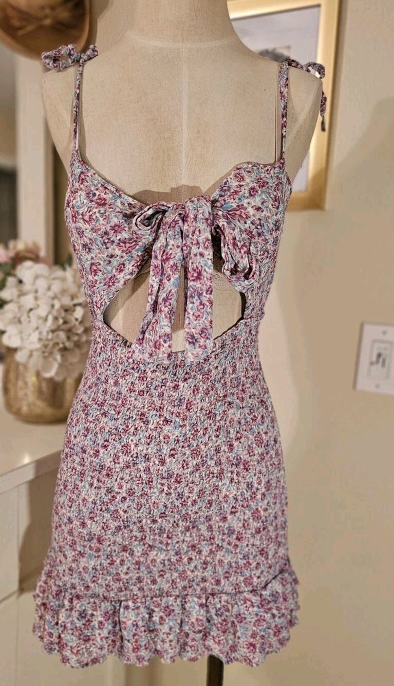 Winston White Ditsy Floral Smocked Tie-Front Cutout Mini Dress Small